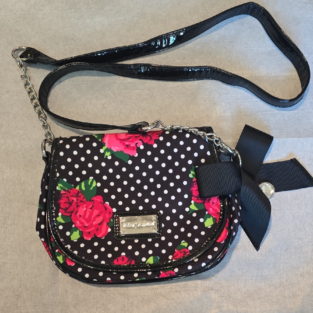 Betsey Johnson Black Polka Dot Crossbody with Pink Floral
